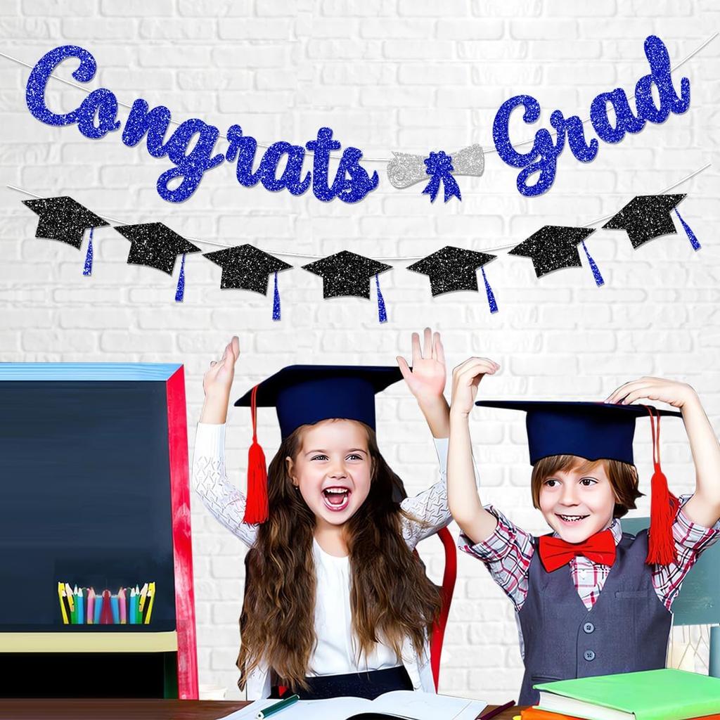 Congrats Grad Congratulations Decorations Banner Pre-Strung Glitter Blue Graduation Class of 2026 with Tassel Decor College High School Party Favors