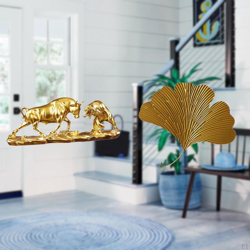 Chinese Bull Statue And Wrought Iron Ginkgo Leaves Abstract Wall Sculpture Modern Artwork Animal