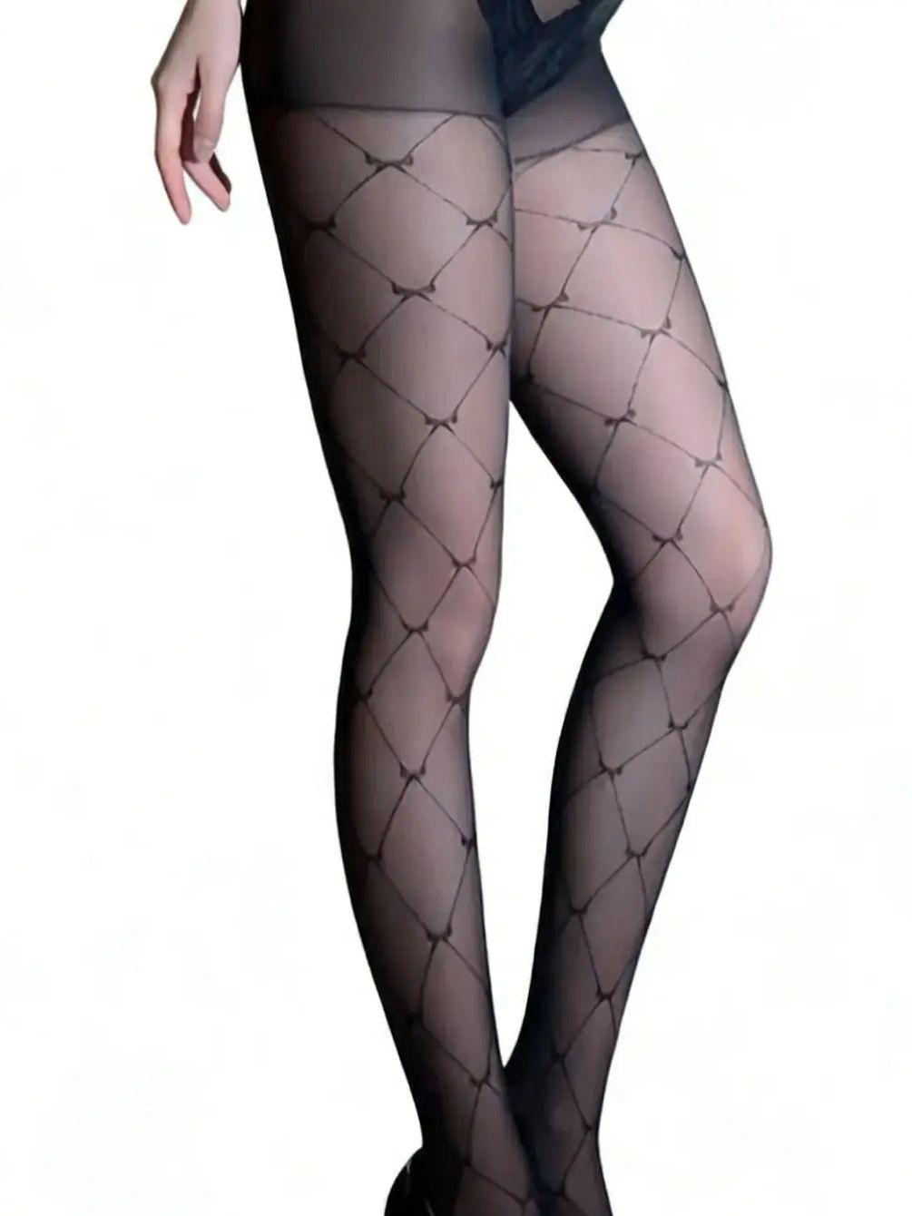 

1Pc Women S Black Sheer Pantyhose With Diamond Grid Pattern, High-Stretch Sexy Skin-Friendly Hosiery For Party & Valentine S Day S