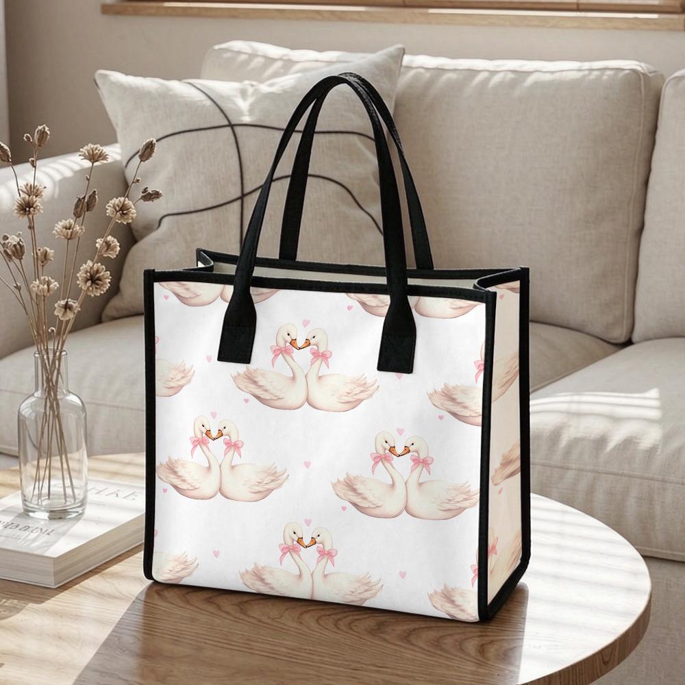Cute Swan Print Tote Bag Fashion Casual Large Capacity Shoulder Handbag for Daily Shopping Travel