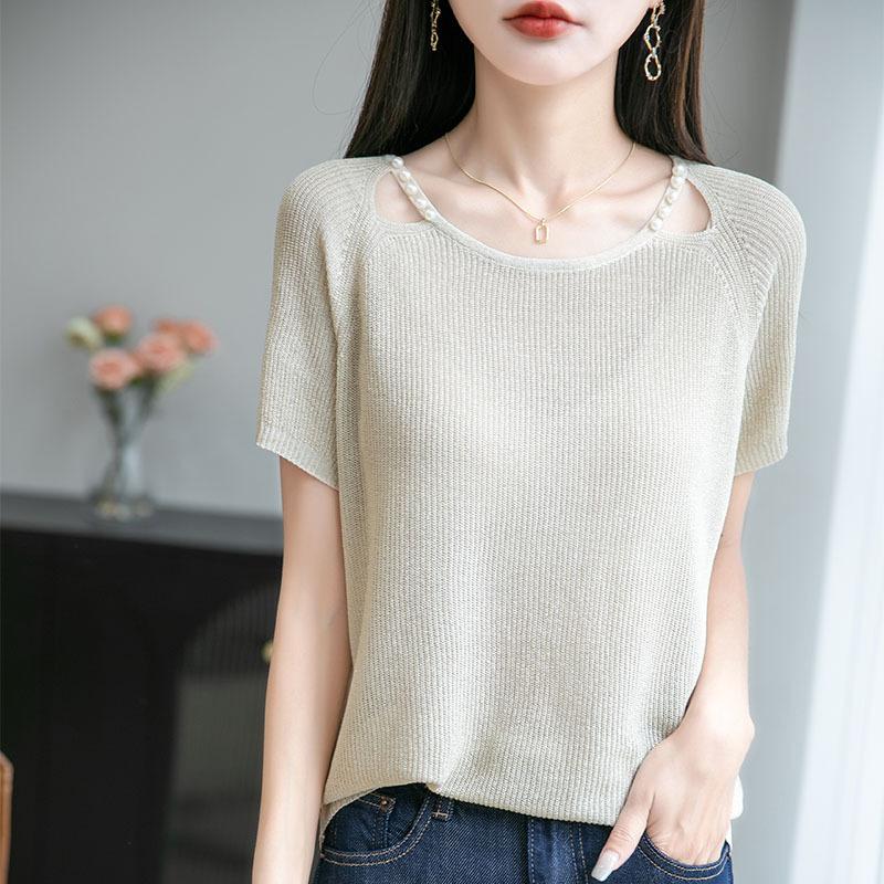 

Летний новый универсальный трикотажный короткий рукав, женский топ с круглым вырезом, вырезом на ключице, бисером, универсальная футболка, базовый слой XXL бежевый
