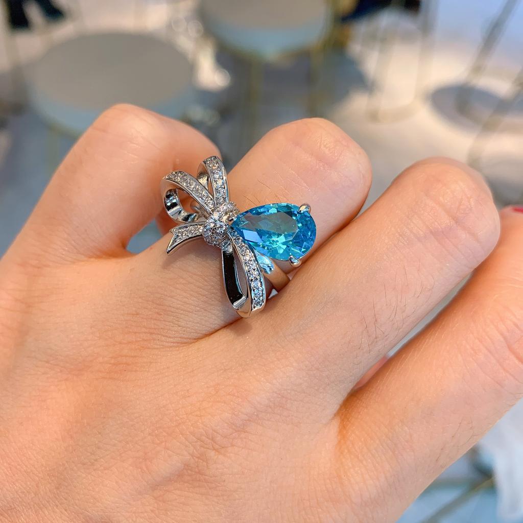 Diamond-set Pear-shaped Sea Blue Diamond Ring, Colorful Treasure Ring, Red Treasure Simulation Ring.