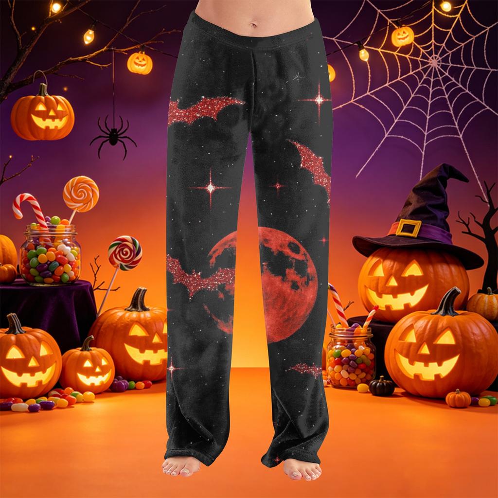 Women Halloween Print Plush Lounge Pants Soft Elastic Waistband Relaxed Fit Long Casual Trousers for Indoor Outdoor Wear
