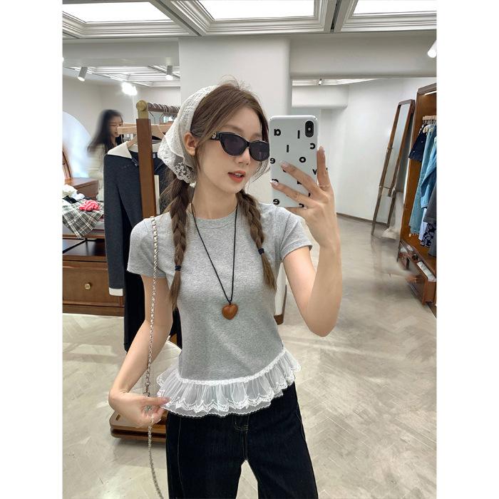 

Special offer, high-end European lace splicing pleats slim and thin short-sleeved T-shirt for women S