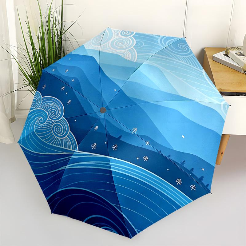 1pc Ocean Waves Automatic Open/Close Umbrella with One-Touch Button, Compact Folding Canopy, Sturdy 8-Rib Windproof Design