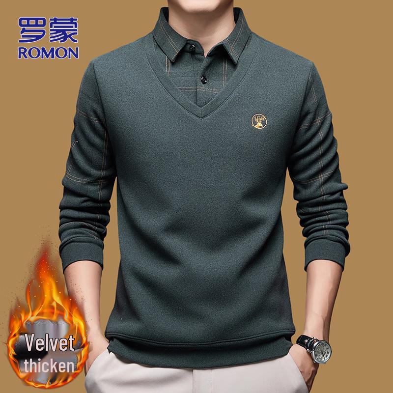 

ROMON Men s Faux Two-Piece Business Casual Shirt Collar Sweater L