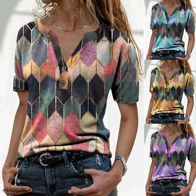 Women T-shirt V Neck Geometric Hexagon Cotton Blend Short Sleeve Buttons Blouse Top for Work
