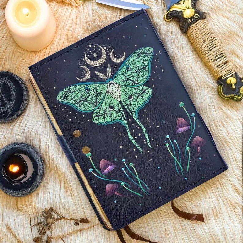 Luna Moth Leather Grimoire Journal: Witchcraft Spell Book