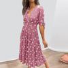 Ladies' Loose Comfortable Casual And Fashionable Summer Deep V-wave Printed Short Sleeved Waist Cinched Dress
