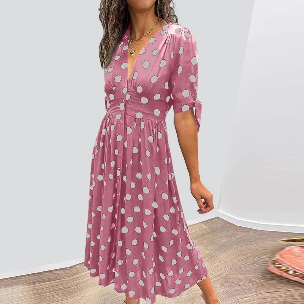 Ladies' Loose Comfortable Casual And Fashionable Summer Deep V-wave Printed Short Sleeved Waist Cinched Dress
