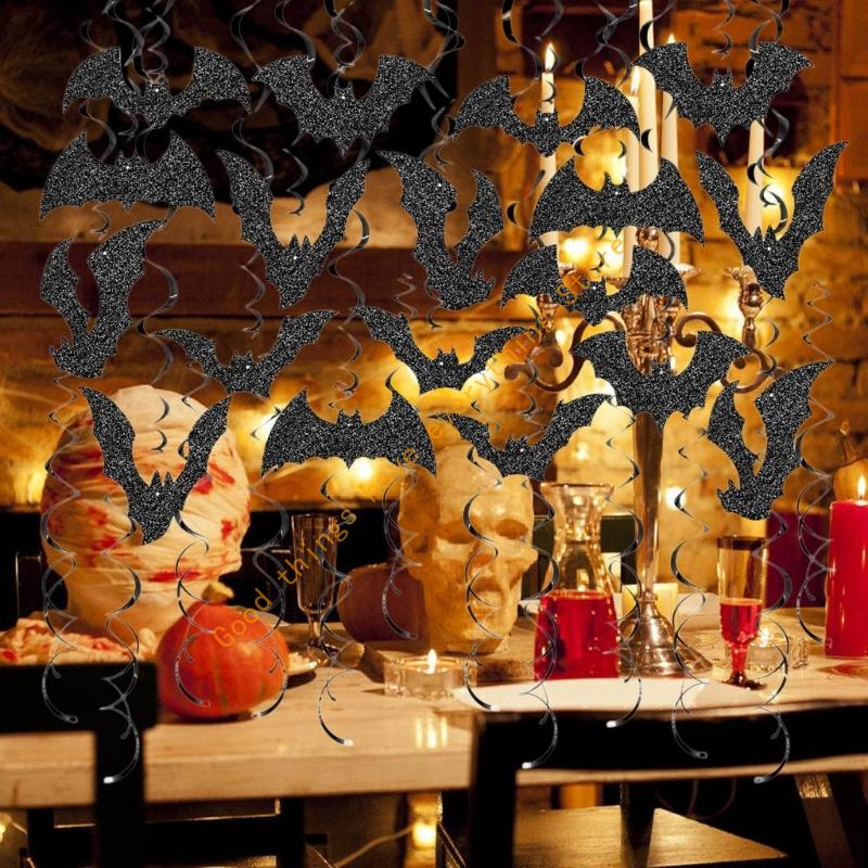 55KF Set of 30 Glittered Bats Swirls Hanging Ornament for Birthday Festival Parties
