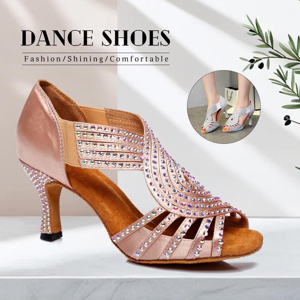 Satynowe buty do tańca latynoamerykańskiego dla kobiet, dla dorosłych, seksowne buty na wysokim obcasie, zdobione cyrkoniami, buty do tańca towarzyskiego, tango, salsa, na obcasie 7,5 cm
