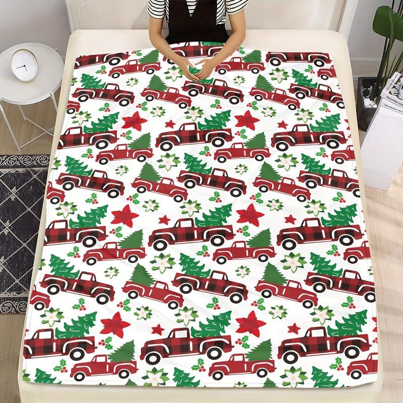 1 Christmas Pattern Blanket - Soft and Warm Flannel Cover with Red Truck Green Trees and Stars on a White Background Design