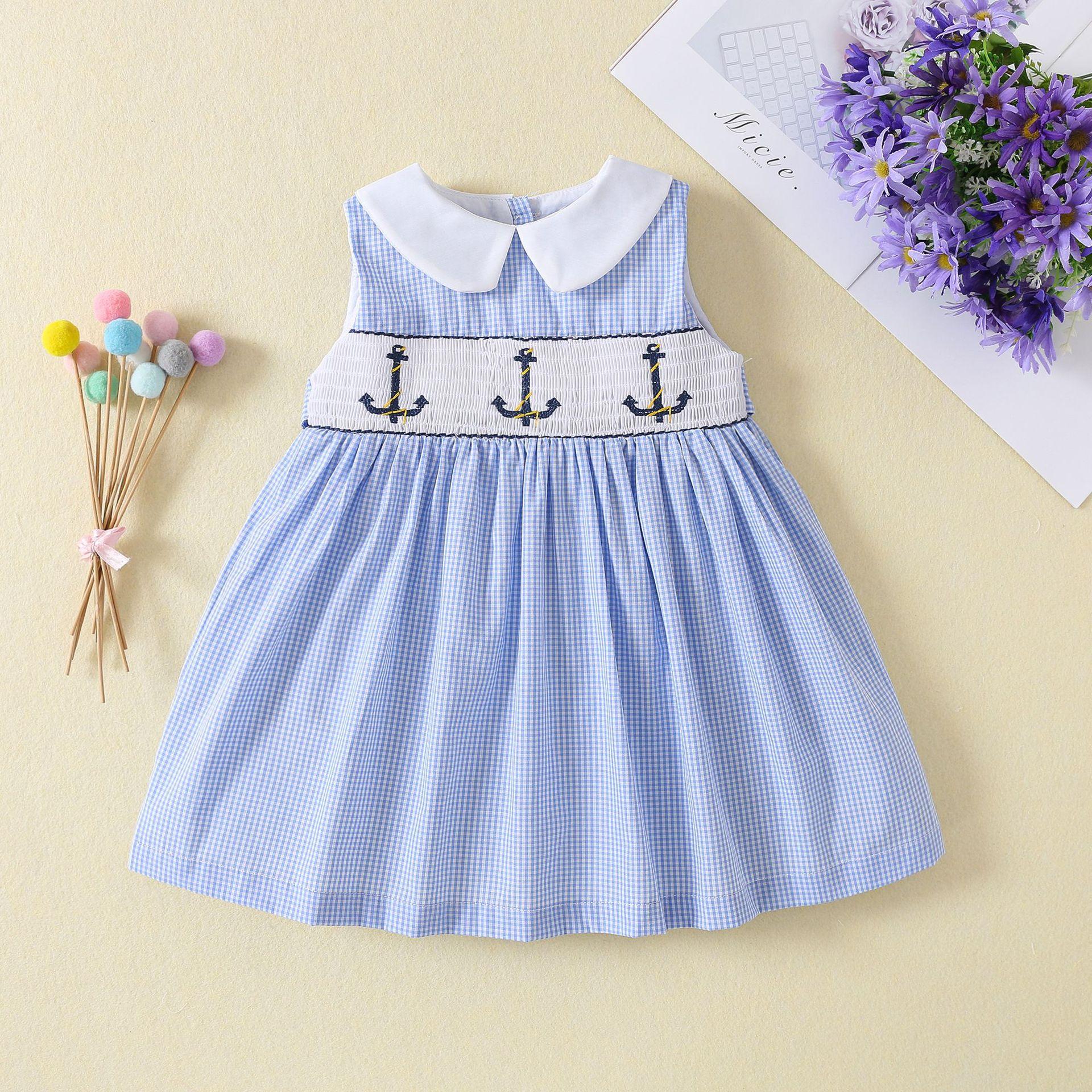Summer Girls Plaid Sleeveless Princess Dress British Smocked Embroidered Cotton Party Dress For Kids 80cm