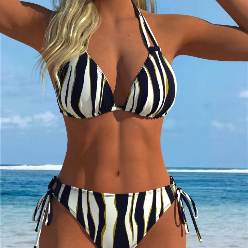 2026 New European and American Split Printing Splicing Neck Women's Split Swimsuit Bikini Suit Sexy