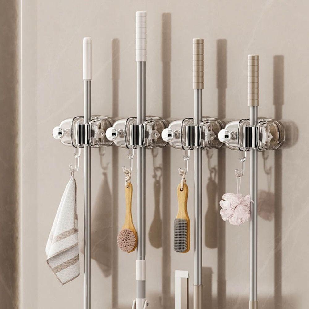 

Punch-free Broom Mop Holder Plastic Mop Hanging Hanger Multifunctional Mop Clip Rack Bathroom Grey-Style A