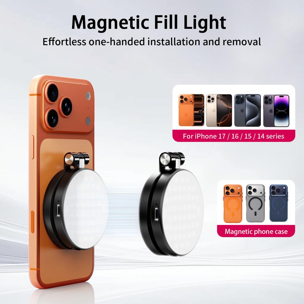 3 in 1 Magnetic Selfie Ring Light with Mirror LED Foldable Fill Light 360° Adjustable For iphone 17 16 Mobile Phone Photography
