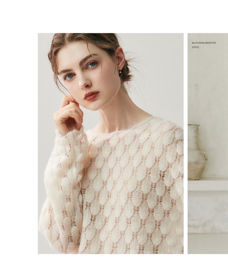 Women's Off-Shoulder Cashmere Knit Floral Petal Sweater - Lightweight, Spring/Autumn, Cozy Style