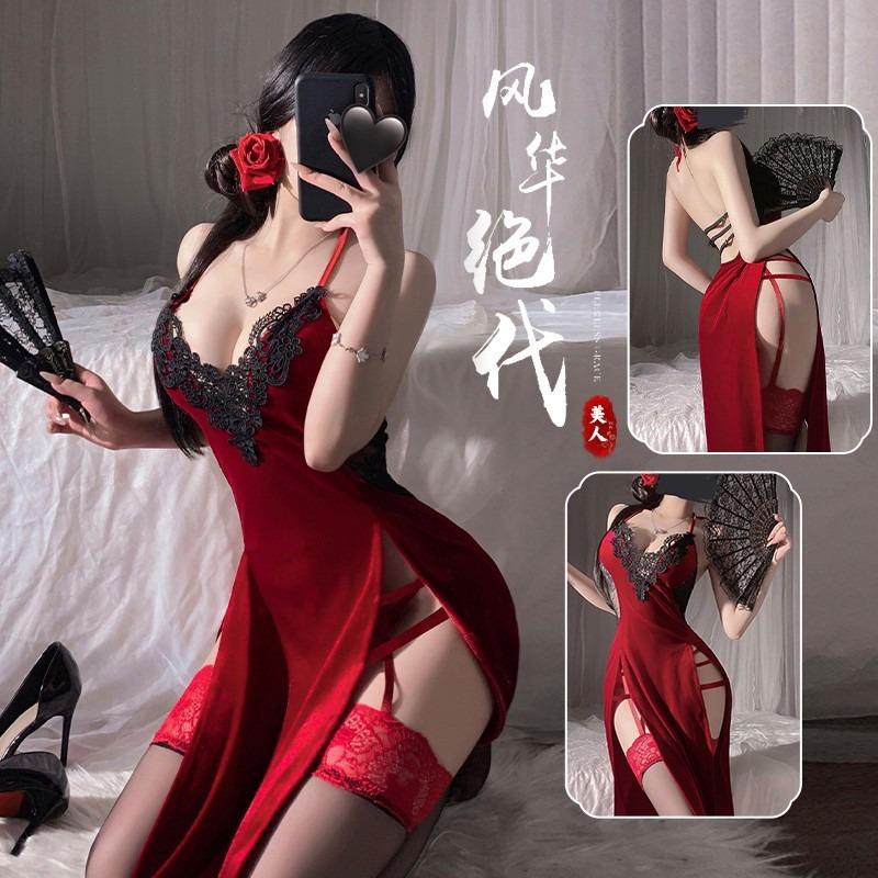Sex underwear pure desire sexy black sleeveless cheongsam sex pajamas hollow slim slim bag sexy pajamas women