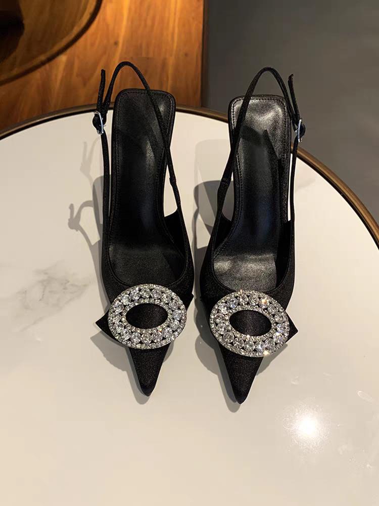 Baotou rhinestone round buckle high heels 2025 champagne satin French one-word strap celebrity sandals single shoes 40 чёрный
