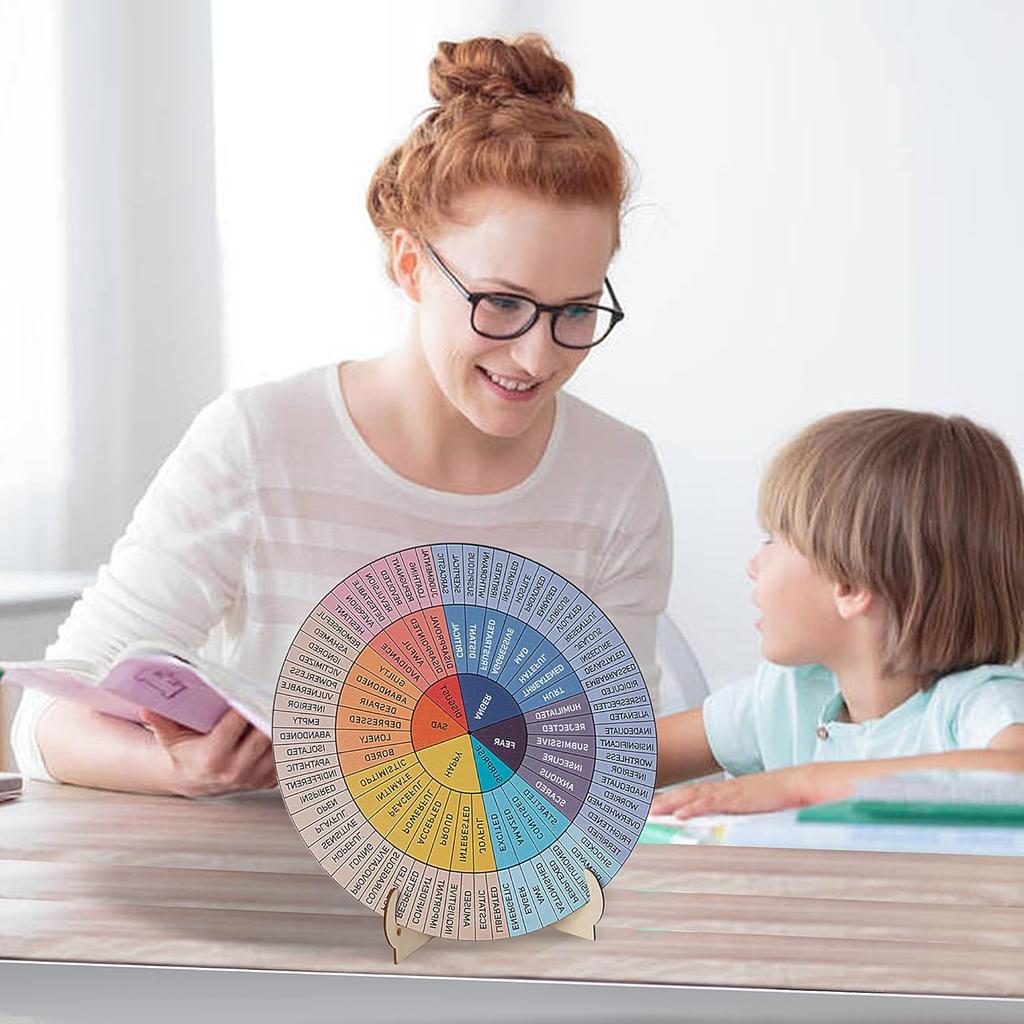 Feelings Wheel Therapy Office Decor, 9.7 Inches Diameter Large Double Sided Mental Health Decor Emotion Wheel with Stand, Wooden Coping Wheel Chart