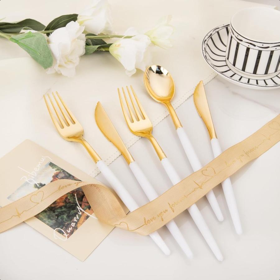 I00000 60 Pcs Gold Plastic Silverware Heavy Duty Gold Plastic Cutlery Super Bowl Party Disposable Silverware Set Includes 20 Go