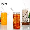Glass Tumbler with Bamboo Lid Brushes Straw 470ml Can Shaped Glass Cups for Iced Coffee Soda Tea Beer & Ice Coffee Glasses Reusable Glassware