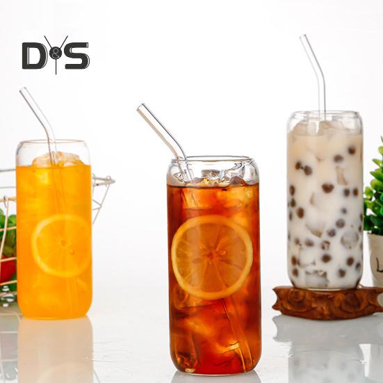 Glass Tumbler with Bamboo Lid Brushes Straw 470ml Can Shaped Glass Cups for Iced Coffee Soda Tea Beer & Ice Coffee Glasses Reusable Glassware