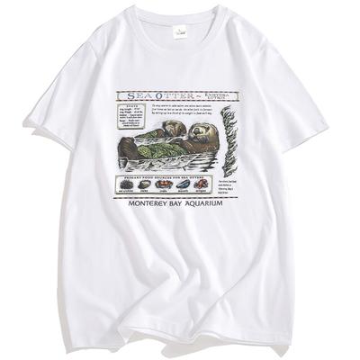 T-shirt Loutre de mer Aquarium de la baie de Monterey Manches courtes Coton Ample T-shirts Graphique Dessin animé Imprimé T-shirts Streetwear Unisexe