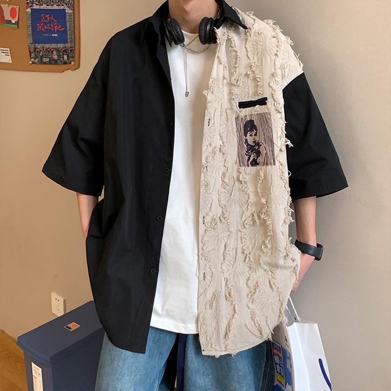 

Мужская летняя рубашка с коротким рукавом в стиле ретро контрастного цвета - гонконгский стиль, корейский модный дизайн L чёрный