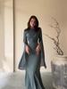 2026 Spring Socialite Slimming Spliced Glass Yarn Long Sleeve Satin Dress