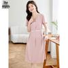 Women's Elegant Solid Short Sleeve Belted Midi Dress
