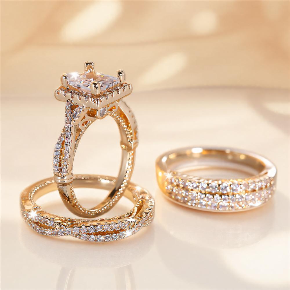 

Crystal Female White Zircon Ring Set Fashion Vintage Gold Color Bridal Wedding Engagement For Women 11