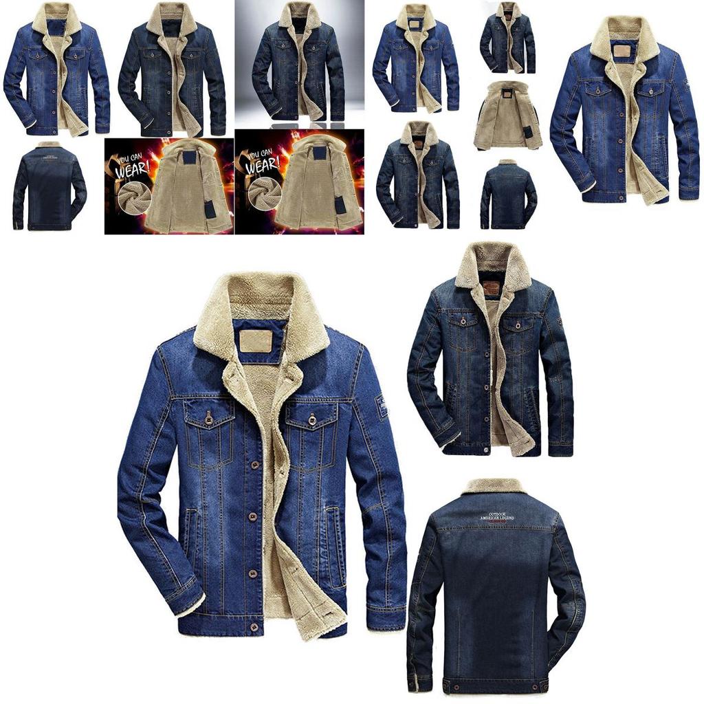 Men's Jean Jacket With Fur Collar Lined Winter Warm Casual Denim Coat M-6xl