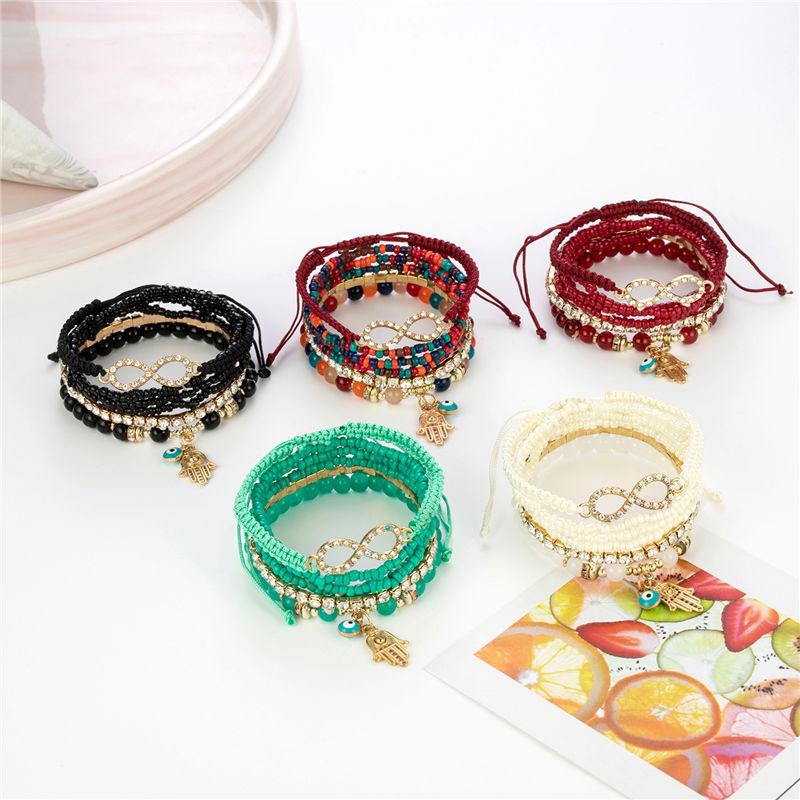 6Pcs Bohemian Hand Eye Beaded Bracelet Set For Women Crystal Geometric Charm Braided Rope Chain Bangle Female Boho Jewelry