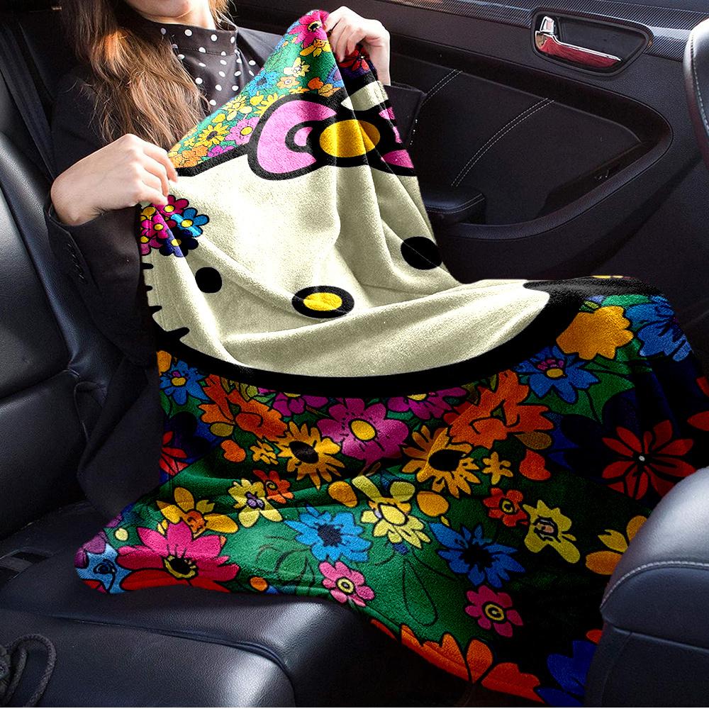 For Hello Kitty, Floral Pattern, Cartoon CharacterAnime-Themed Flannel Blanket, Glam Style, Digital Print, All-Season Comfort, Tear-Resistan