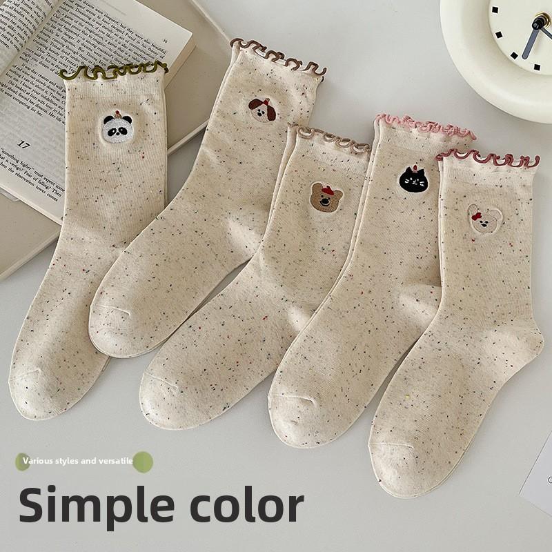 5 Pairs Autumn and Winter New Cute Socks Women's Mid-calf Socks Tide Cotton Socks Women's Monthly Socks Wooden Ear Lace Stacked Socks