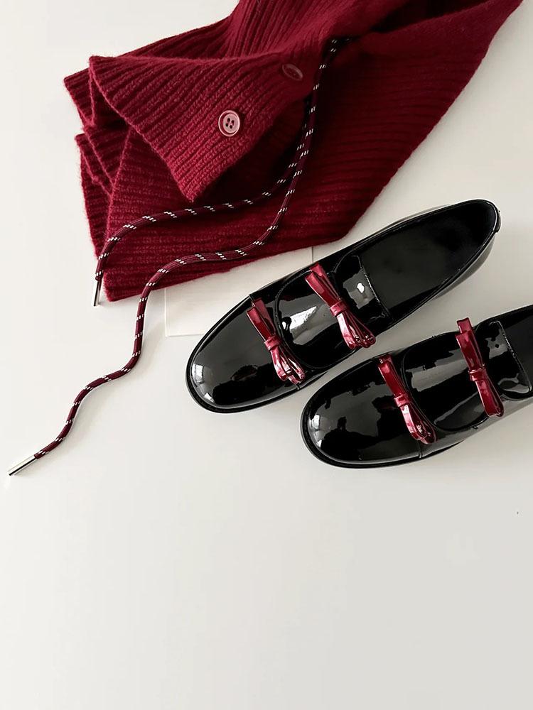 Cowhide Version~ Round Head Retro Bow Small Leather Shoes Low Heel Loafers One Pedal Simple Mary Jane Single Shoes Women