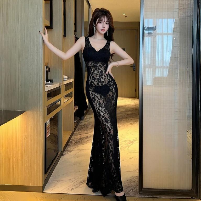 Black sleeveless lace perspective slim fishtail dress temperament elegant and thin waist pure desire style sexy dress skirt