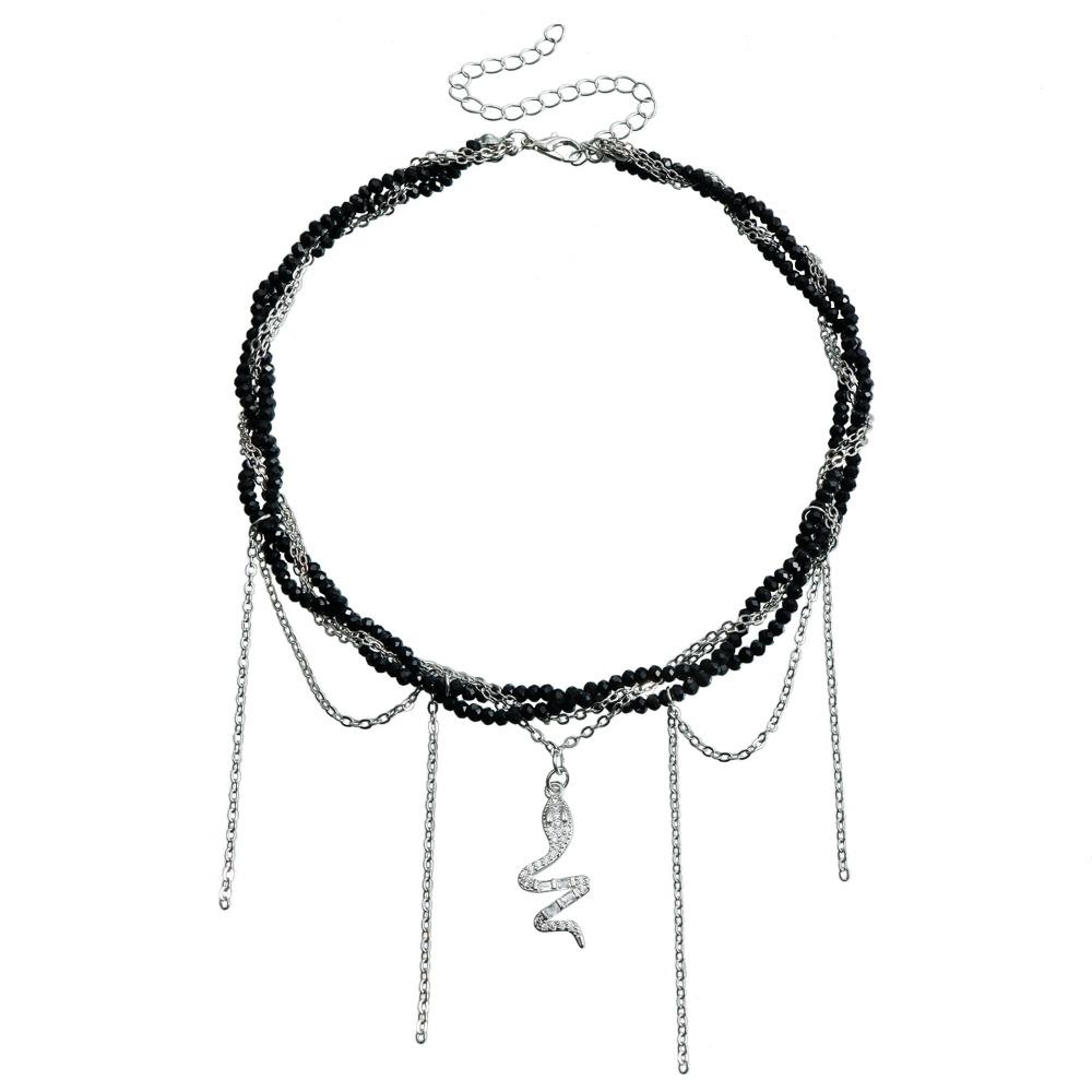 

Черные бусины, кулон-крест, ожерелье, хрустальные кисточки, цепочка для ключицы, повседневная носка B snake