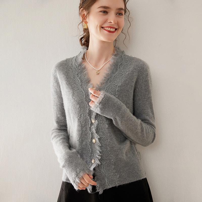 Women's V-Neck Cashmere Cardigan - Autumn/Winter Lace Button-Up Sweater Inner Wear