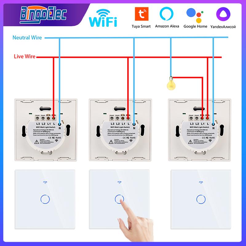 

Многофункциональный переключатель Bingoelec WiFi art EU 1 2 3 Gang, стеклянные настенные сенсорные выключатели RF433, пульт дистанционного управления Tuya Alexa Google