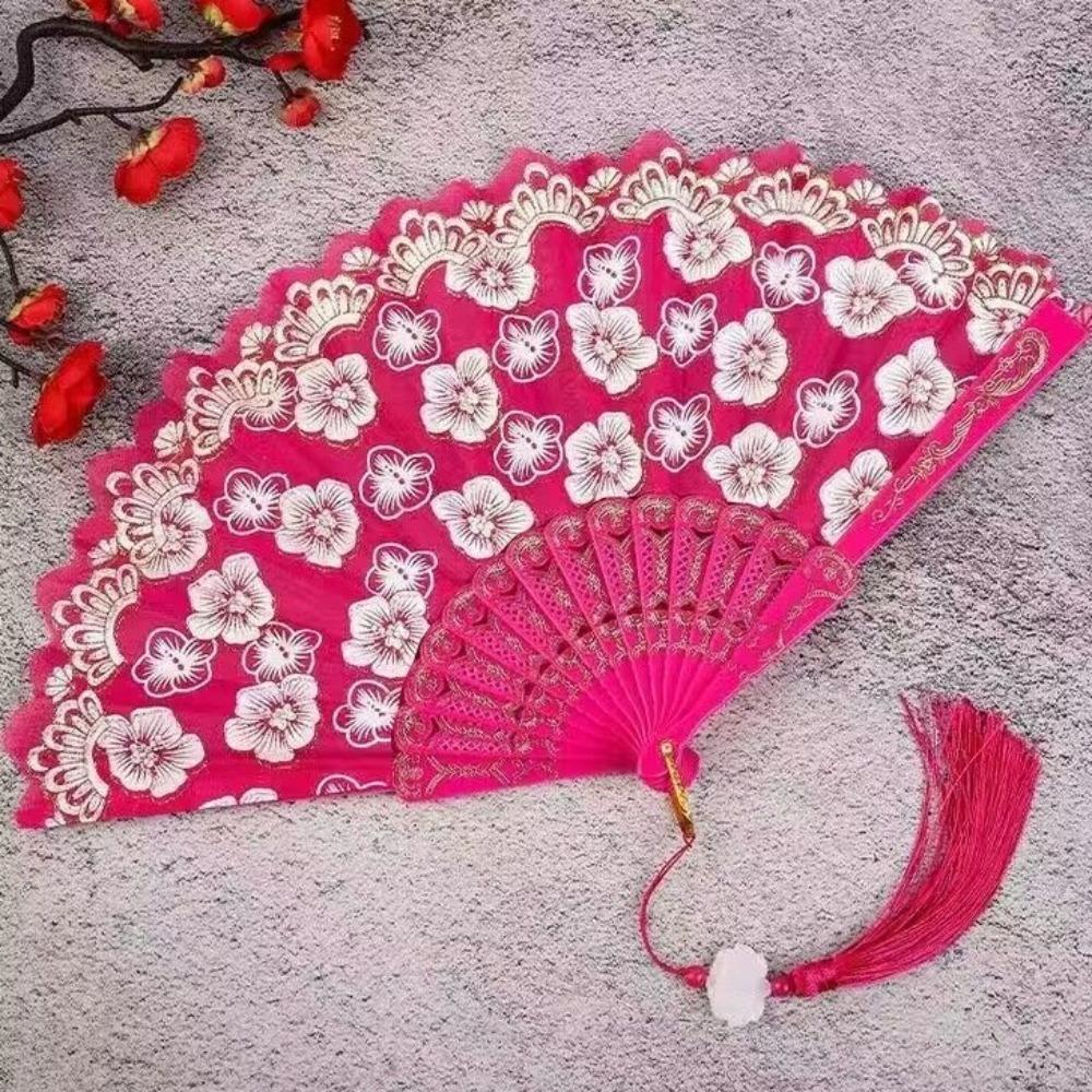 

Elegant Flower Pattern Chinese Folding Fan Traditional Portable Dance Fan Vintage with Tassel Handheld Fan Costume Accessory рожевий червоний колір