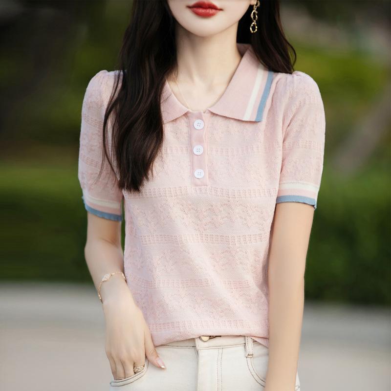 POLO Neck Contrast Color Short-sleeved T-shirt for Women In Summer New Fashionable Age-reducing Thin Temperament Versatile Knitted Top
