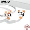 WOSTU Lively Cute Cat Orange Spacesuit 925 Sterling Silver Beads Fit Bracelet Bangle Fine Jewelry