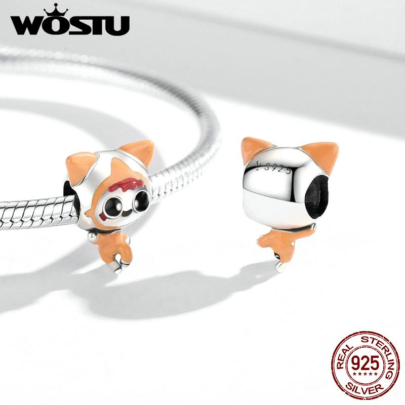 WOSTU Lively Cute Cat Orange Spacesuit 925 Sterling Silver Beads Fit Bracelet Bangle Fine Jewelry