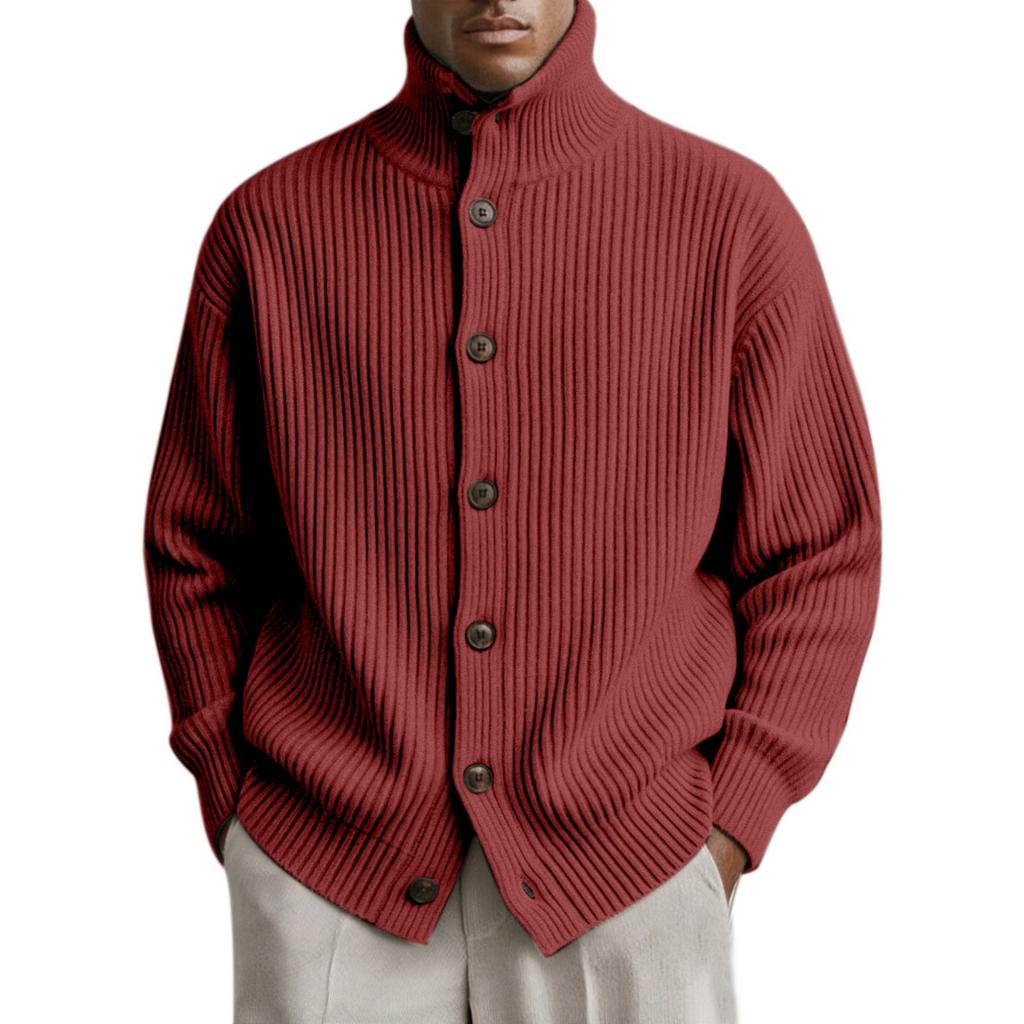 Men's casual and relaxed -color knitted cardigan, men's high-neck, thick-needle, striped long-sleeved button coat