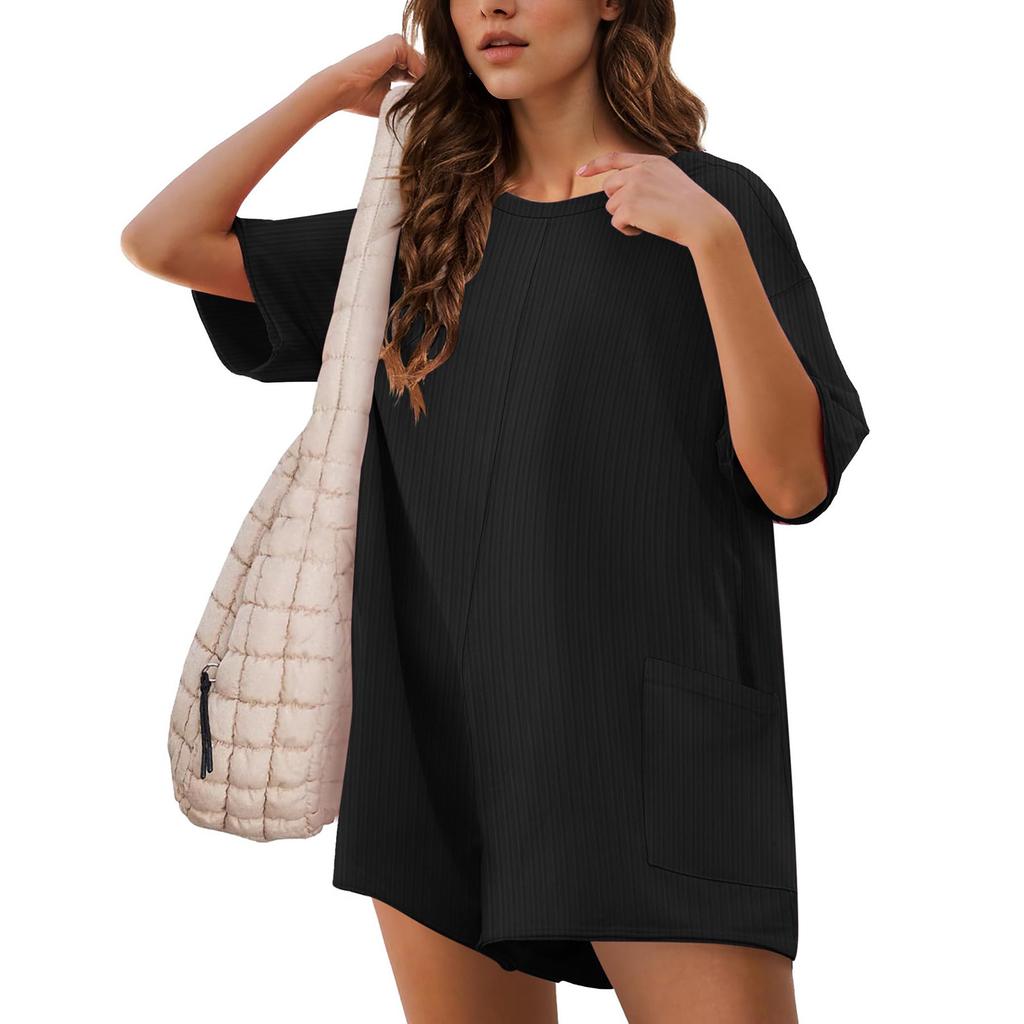 Summer Rompers for Women Short Sleeve Ribbed Oversized T-shirt Jumpsuit Shorts with Pocket