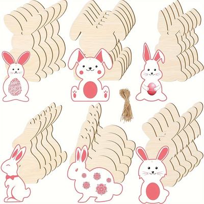 36 יח' קליפארט ארנב מעץ לפסחא פרוסות בצורת ארנב ריקות תליות דקורטיביות תוויות מלאכה קישוטי מלאכה עשה זאת בעצמך עם חור חבל פסחא