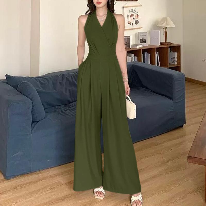 

ZANZEA Women Elegant V-Neck Casual Sleeveless Wide Leg Jumpsuits 2XL армія зелений колір